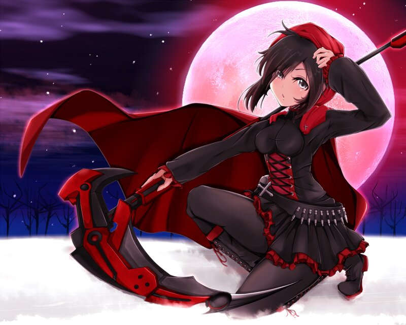 Anime Girl with Scythe — Red, Dramatic, Night, Digital Art, Moon, Snow