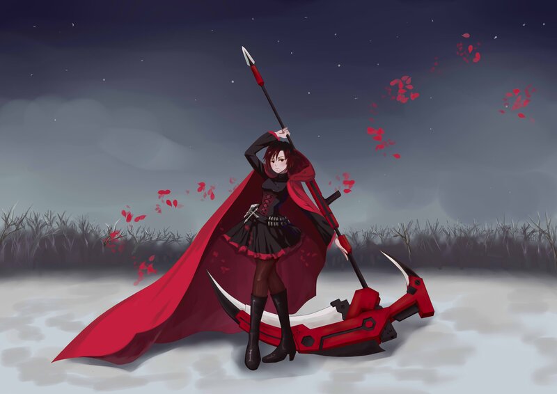 Anime Girl with Scythe — Red, Dramatic, Night, Digital Art, Red Cape, Snow