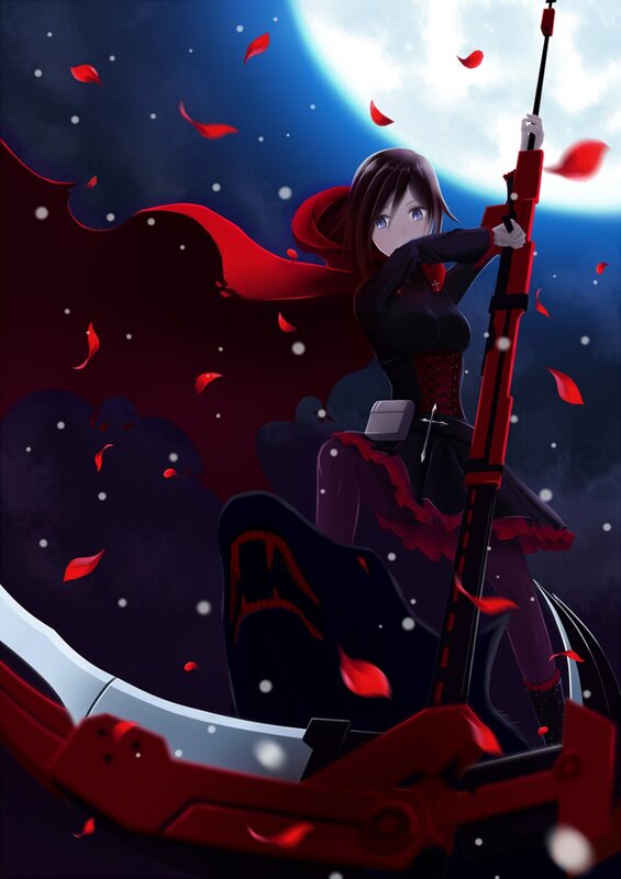 Anime Girl with Scythe — Red, Dramatic, Night, Digital Art, Rose Petals