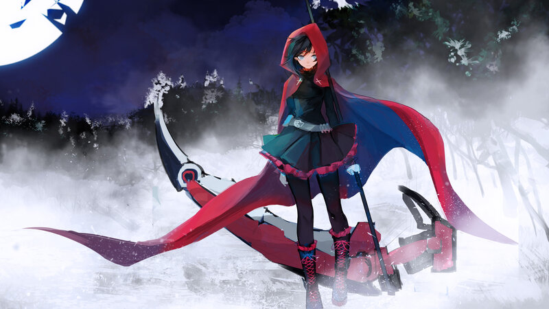 Anime Girl with Scythe — Red, Dramatic, Night, Digital Art, Snow, Moon
