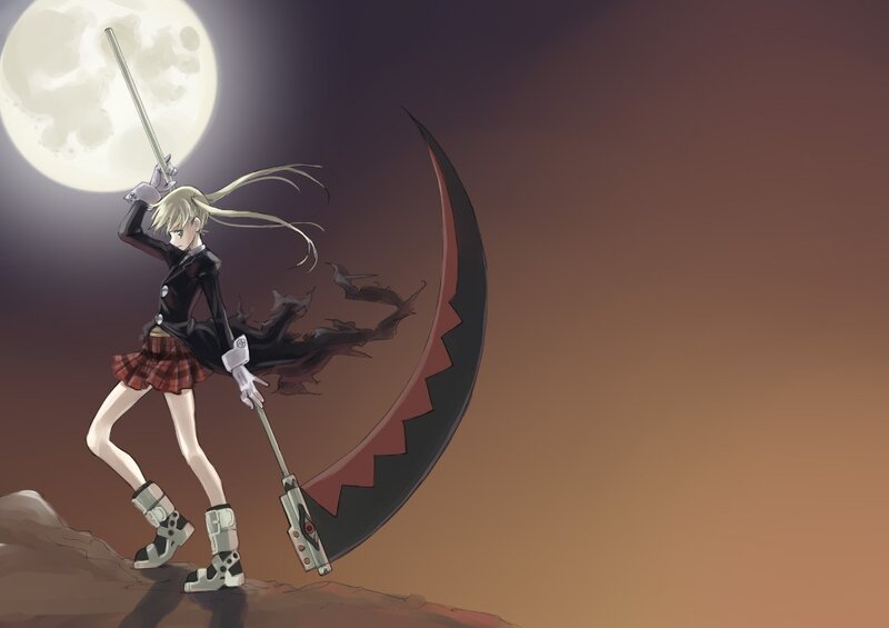 Anime girl with scythe under moon