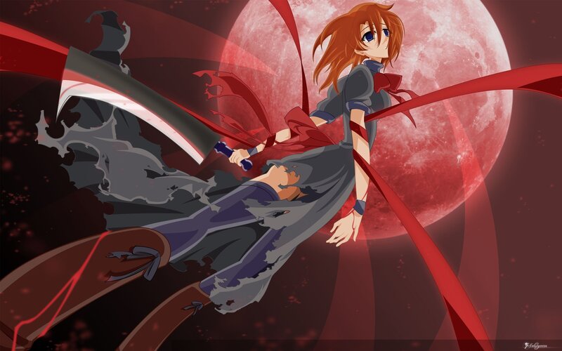 anime girl with scythe under red moon