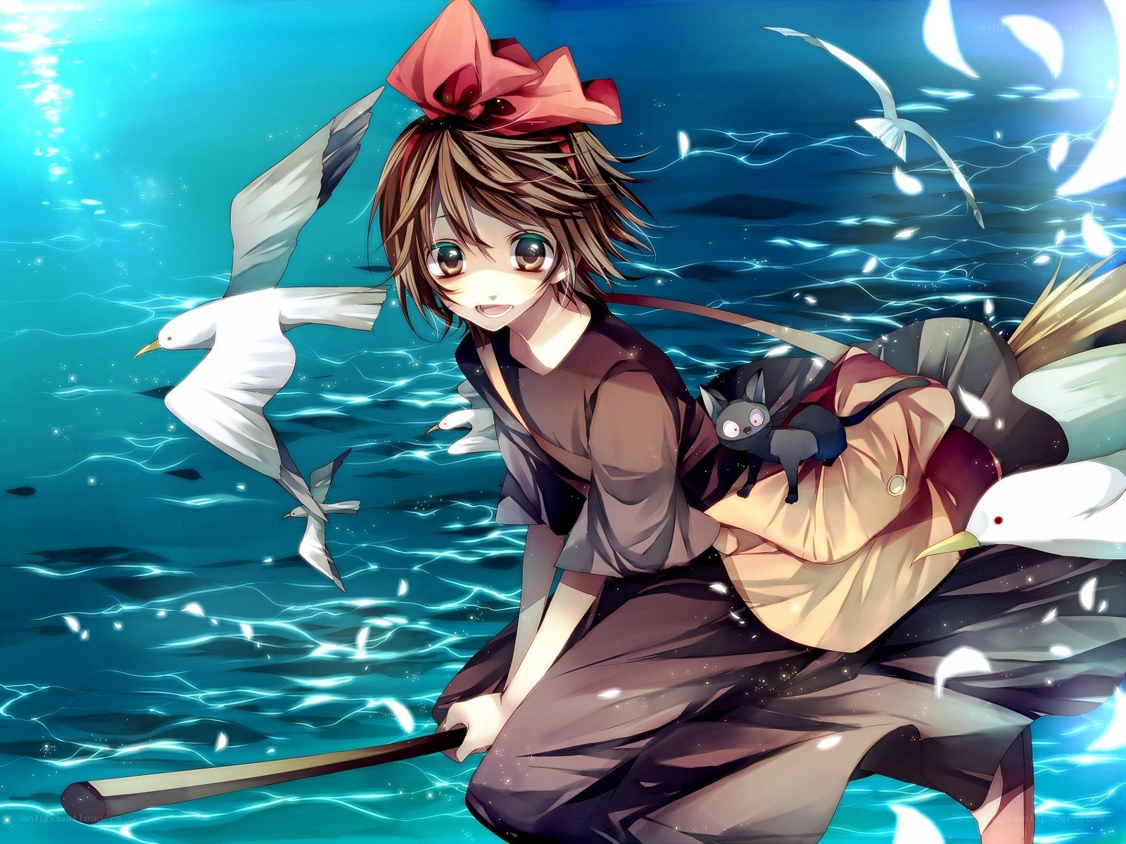 Anime girl with seagulls