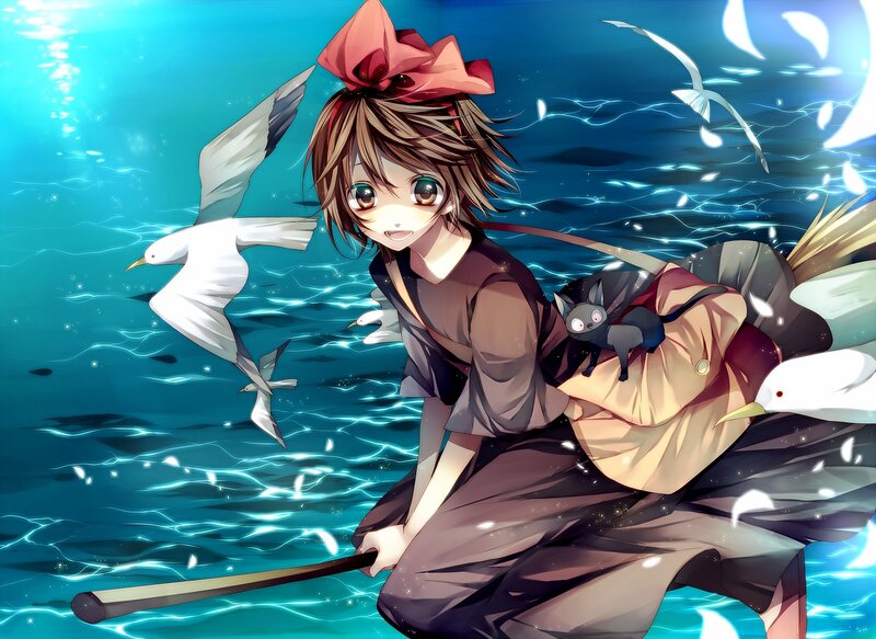 Anime girl with seagulls and cat
