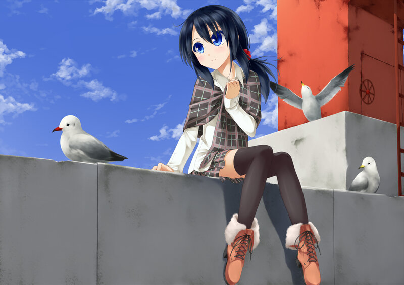 Anime Girl with Seagulls — Blue