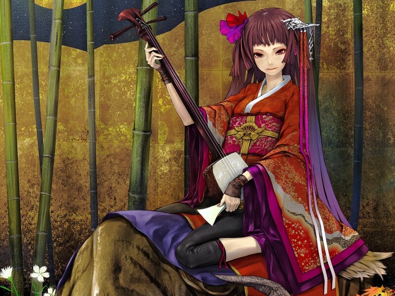 Anime Girl with Shamisen — Purple, Serene