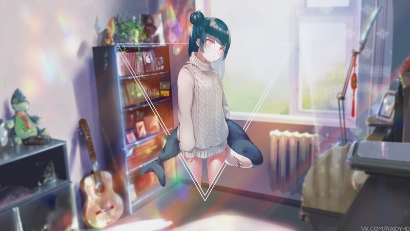 Anime Girl with Shark Plush — Blue