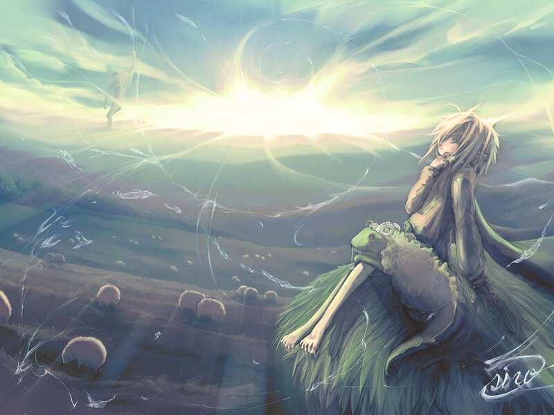 Anime girl with sheep in field