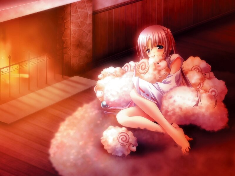 Anime girl with sheep in warm room