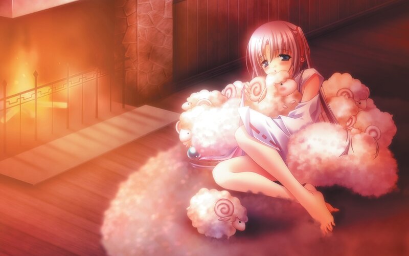 Anime girl with sheep in warm room
