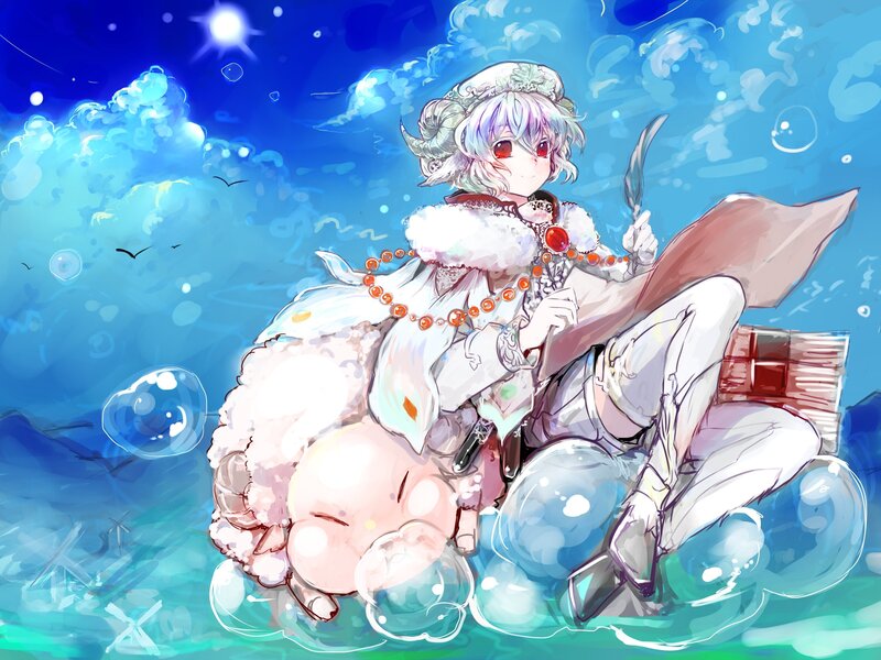 anime girl with sheep in water
