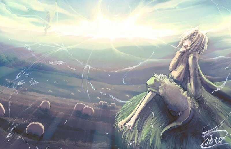 Anime girl with sheep on hill