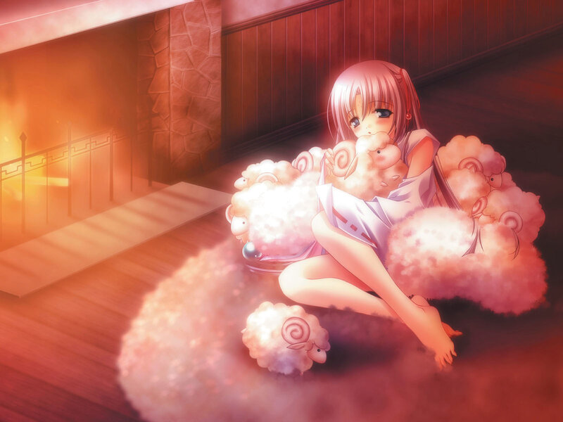 Anime girl with sheep plushies