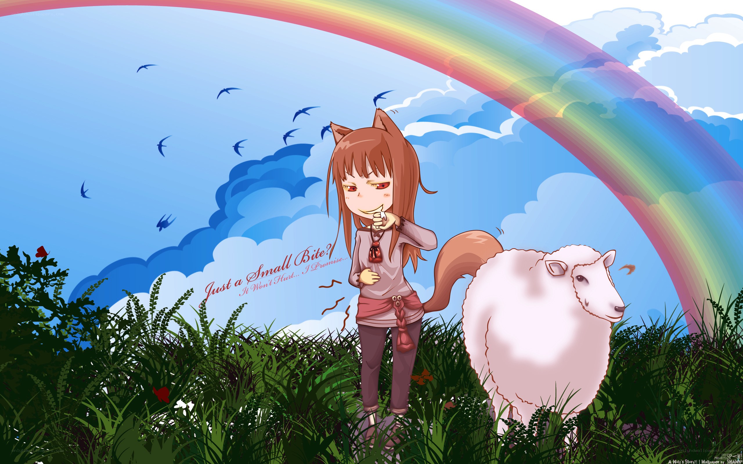 Anime girl with sheep under rainbow