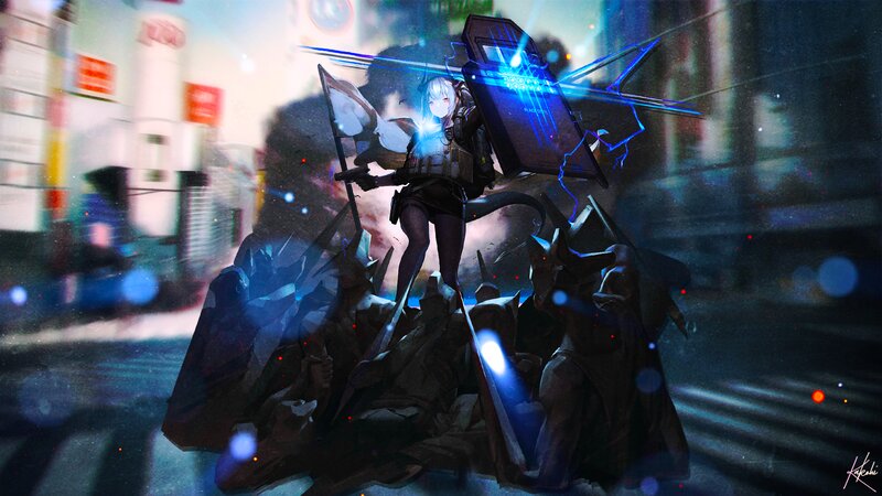 Anime Girl with Shield — Blue, Dramatic, Night