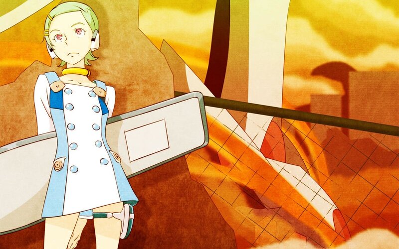 anime girl with shield in ruins