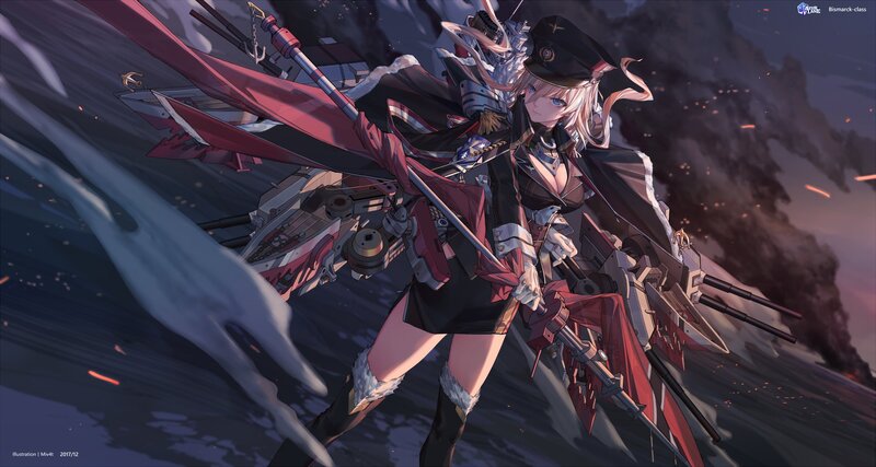 Anime Girl with Ship — Black, Dramatic, Sunset