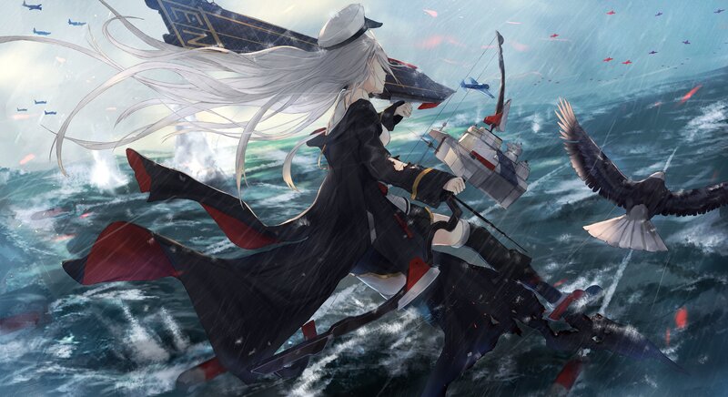 Anime Girl with Ship — Blue, Dramatic, Digital Art