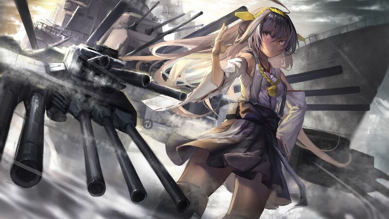 Anime Girl with Ship — Gray, Dramatic, Digital Art