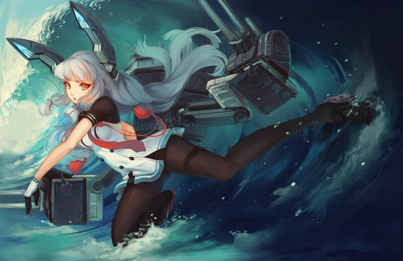 Anime Girl with Ship Parts — Blue, Dramatic, Digital Art, Sea