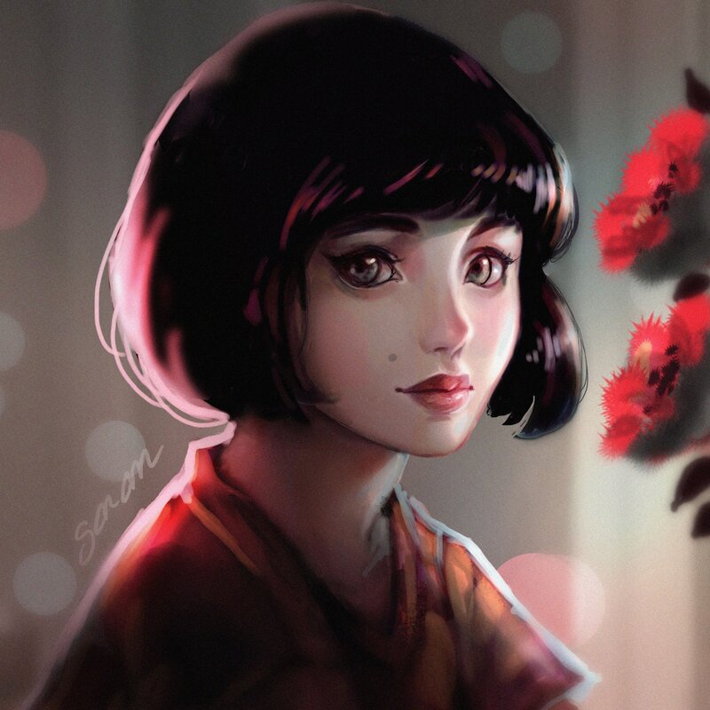 Anime Girl with Short Hair — Black, Calm