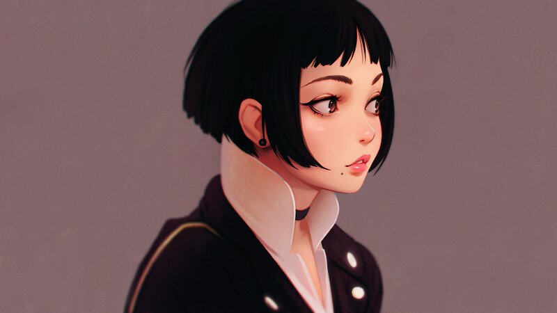Anime Girl with Short Hair — Black, Neutral, Digital Art