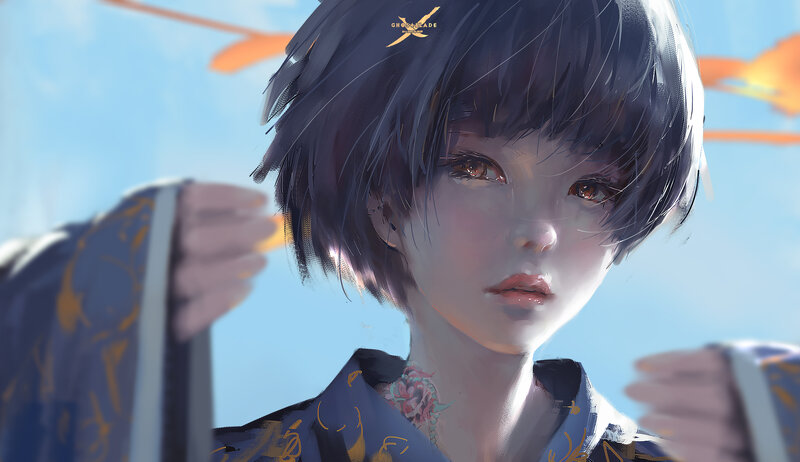 Anime Girl with Short Hair — Blue, Calm, Afternoon