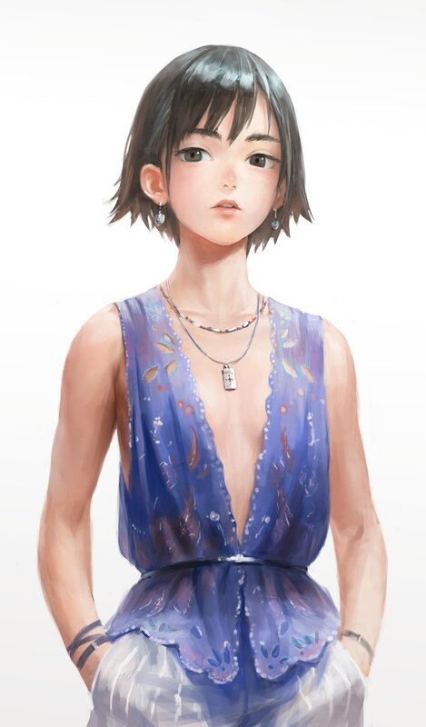 Anime Girl with Short Hair — Blue, Neutral, Digital Art