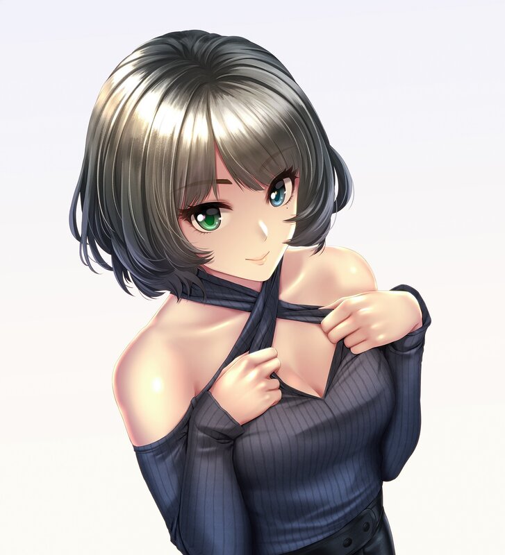 Anime Girl with Short Hair — Gray, Neutral, Digital Art