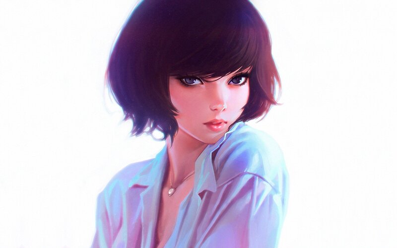 Anime Girl with Short Hair — White, Calm, Digital Art