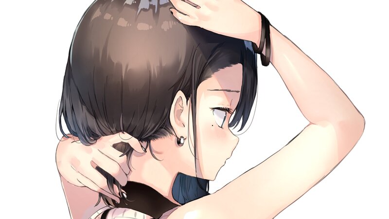 Anime Girl with Short Hair — White, Calm, Earring