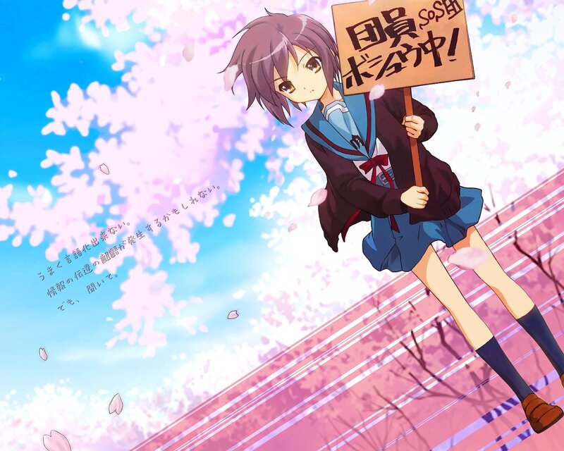 Anime girl with sign in cherry blossoms