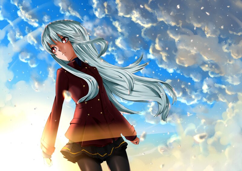 Anime Girl with Silver Hair — Blue, Dramatic, Afternoon, Clouds