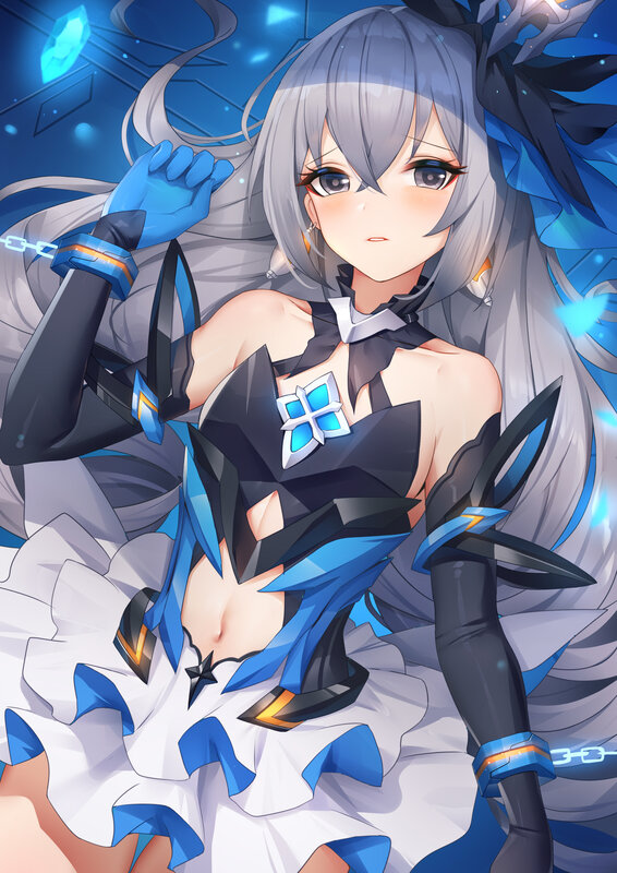 Anime Girl with Silver Hair — Blue, Dramatic, Night, Digital Art, Blue Crystals