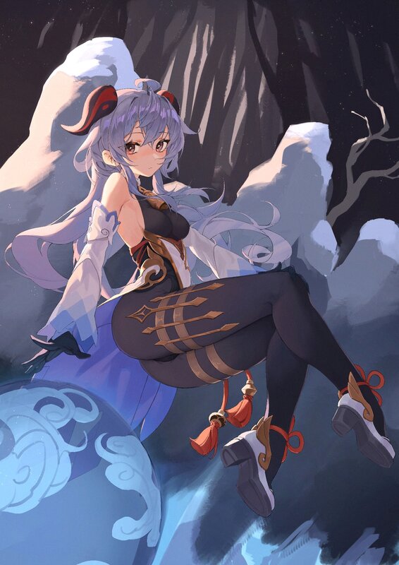 Anime Girl with Silver Hair — Blue, Dramatic, Night, Digital Art, Snow