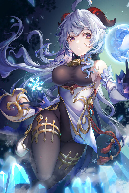 Anime Girl with Silver Hair — Blue, Dramatic, Night, Digital Art, Snowflake
