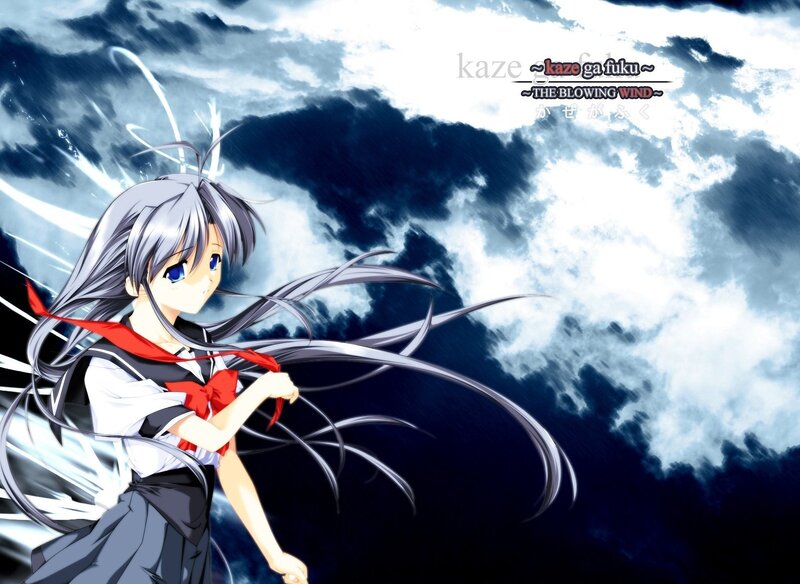 Anime Girl with Silver Hair — Blue, Dramatic, School Uniform, Stormy Sky