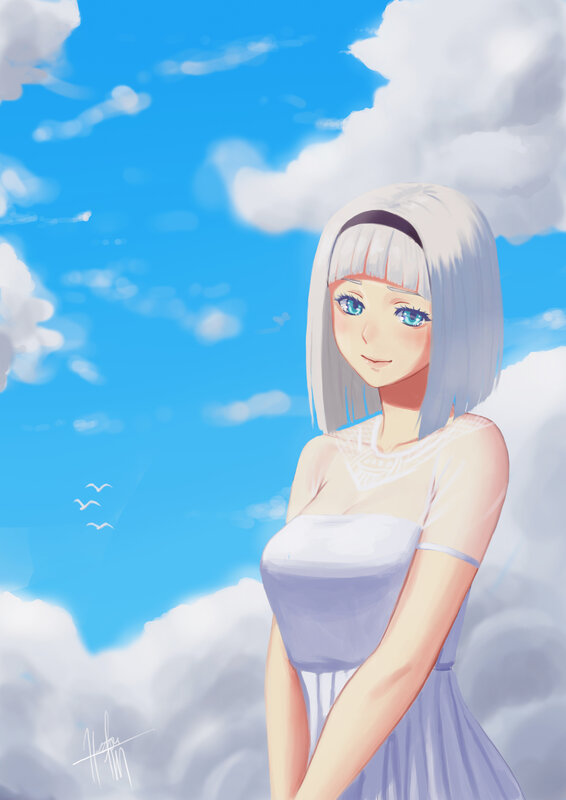 Anime Girl with Silver Hair — Blue, Serene, Afternoon, Digital Art, Clouds