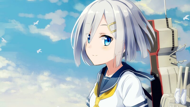 Anime Girl with Silver Hair — Blue, Serene, Afternoon, Ship