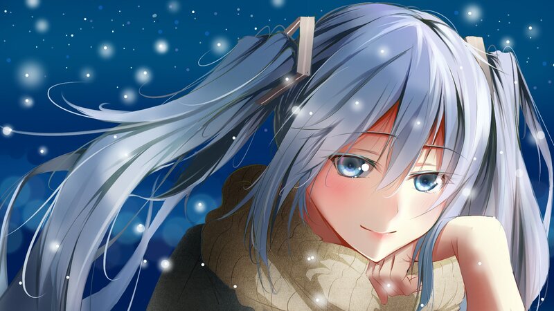 Anime Girl with Silver Hair — Blue, Serene, Night, Digital Art, Snow