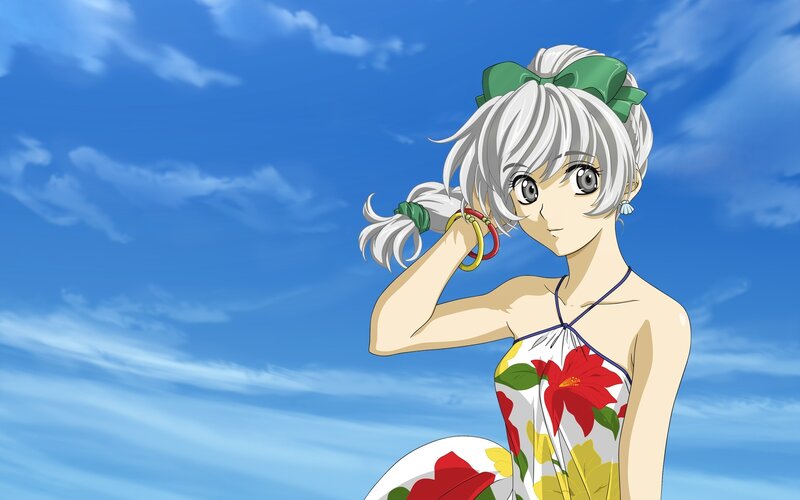 Anime Girl with Silver Hair — Blue, Serene, Summer