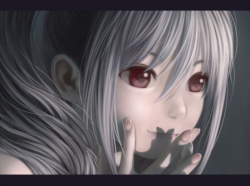 Anime Girl with Silver Hair — Gray, Dramatic, Digital Art, Red Eyes