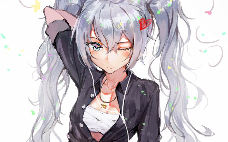 Anime Girl with Silver Hair — Gray, Playful, Digital Art