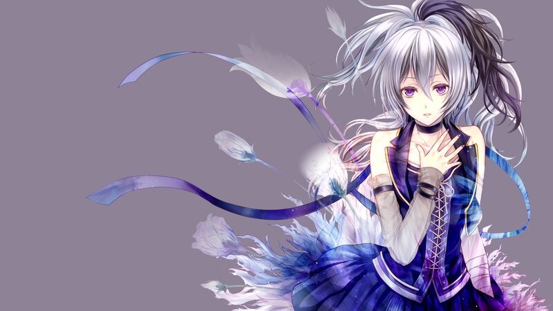 Anime Girl with Silver Hair — Purple, Dramatic, Digital Art, Feather
