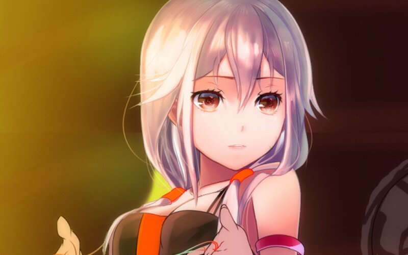 Anime Girl with Silver Hair — Purple, Dramatic, Tear, Orange Straps
