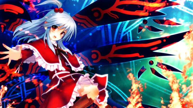 Anime Girl with Silver Hair — Red, Dramatic, Fire