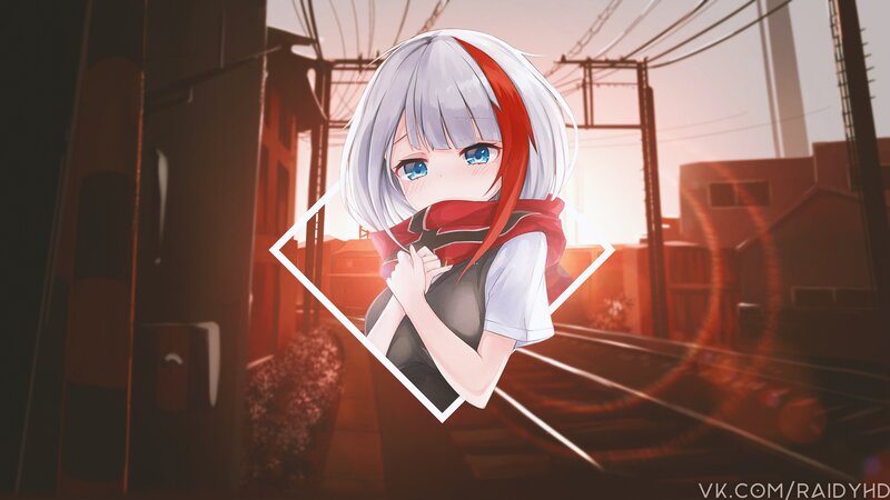 Anime Girl with Silver Hair — Red, Dramatic, Sunset