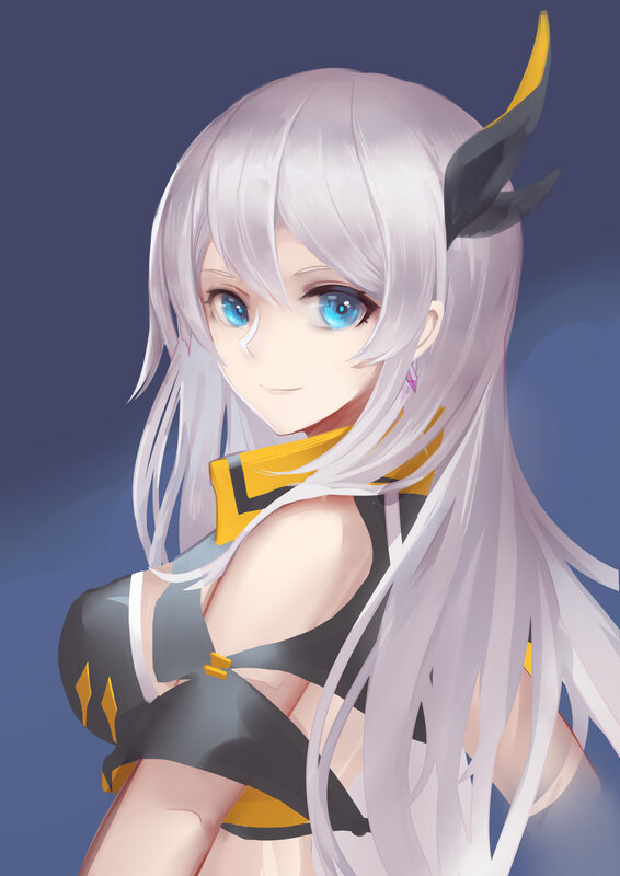 Anime Girl with Silver Hair — White, Calm, Digital Art, Blue Eyes, Yellow Horns