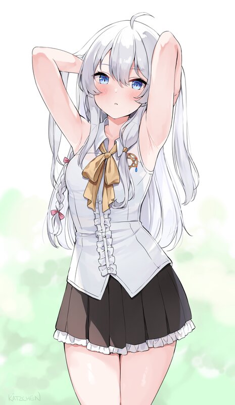 Anime Girl with Silver Hair — White, Calm, Digital Art, School Uniform, Blue Eyes