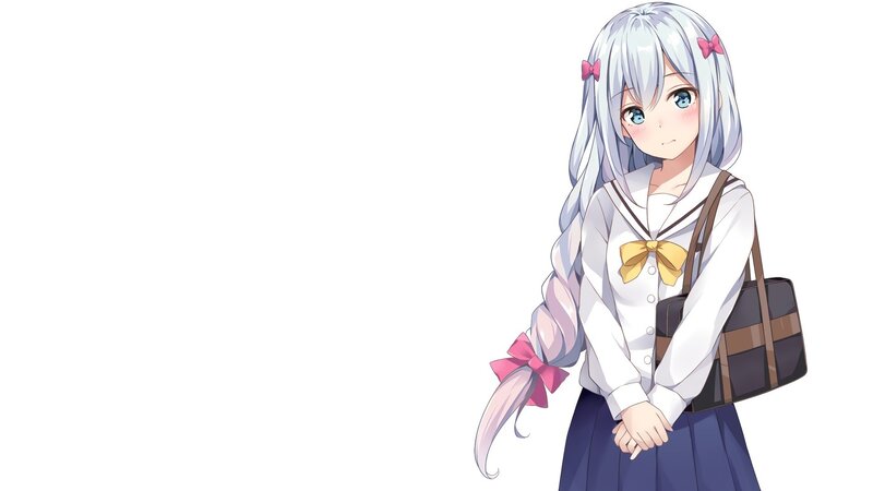 Anime Girl with Silver Hair — White, Calm, School Uniform, Bag, Bows